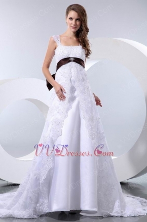 Formal Straps Empire Waist Church Wedding Dress With Brown Bow