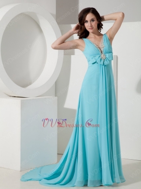 Crazy Panel Train Aqua Chiffon Open Back Prom Dress Cheap