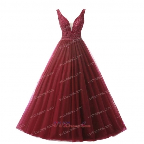 Simple Style Puffy A-line Wine Red Prom Ball Gown V Neck