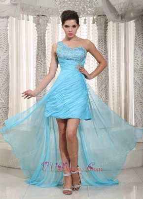Top High-low Prom Dress With One Shoulder Aqua Blue Chiffon Skirt Short and Long Skirt