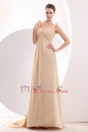 V-Neck Empire Silhouette Peach Puff Cache Prom Dress