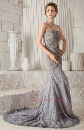 Grey Chiffon Trumpet Sweetheart Lace Skirt Prom Dress 2014