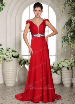 Quality Cap Sleeves Beaded Red Long Skirt Military Prom Gowns Custom Made