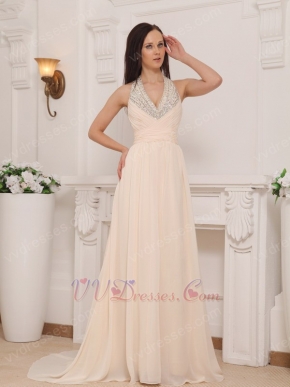 Halter Brush Train Baby Pink Chiffon Beaded Prom Dress 2014