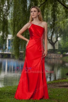 One Shoulder Slit Skirt Scarlet Prom Dresses With Beading