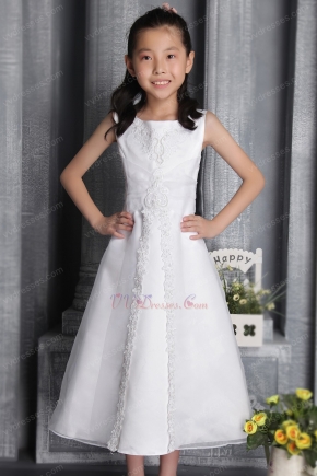 White Sheath Scoop Tea-length Organza Beading Flower Girl Dress