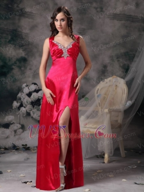 Coral Red V Neck Cross Back Elastic Satin Prom Dress With Split Inexpensive