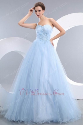 One Shoulder Baby Blue Puffy Skirt Prom Ball Gown Custom Fit