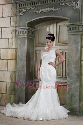 Ruffles One Shoulder Strap Organza Custom Mermaid Wedding Dress 2014 Low Price