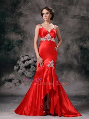 Cross Back Mermaid High-low Scarlet Prom Dress With Applique