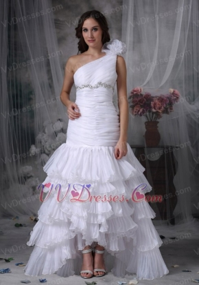 White Mermaid One Shoulder Wedding Dress High Low Layers Low Price