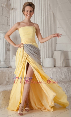 Cheap Strapless Yellow Amazing Prom Dresses With Front Split Skirt