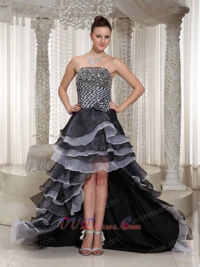 Strapless Black And White Alternate Layers High-Low Celebrity Prom Dress