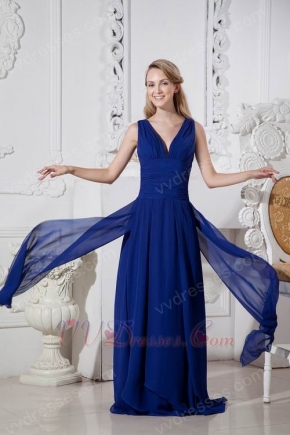 Designer V-Neck A-line Royal Blue Chiffon Dress Evening