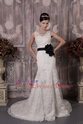 Gorgeous Lace Wedding Dress With Black Flowers Sash Low Price