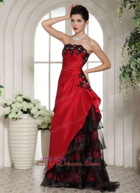 Mix-Match Red and Black Taffeta and Organza Layeres Skirt Dress Prom Bustle