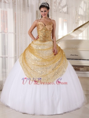Spaghetti Straps White Skirt With Golden Sequin Sweet Sixteen Dress