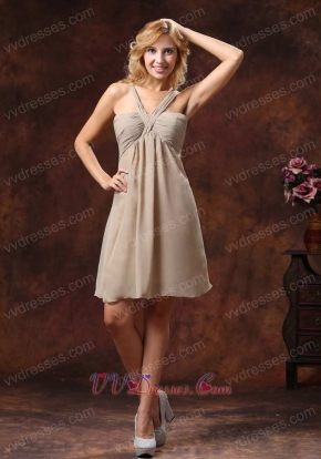 Spaghetti Grey Mini-length Ruch Decorate Cheap Bridesmaid Dress On Stores