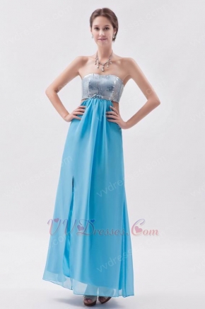 Sequin Strapless Tied Back Aqua Chiffon Prom Dress With Split