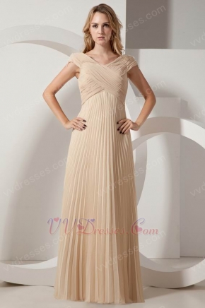 Inexpensive V-neck Floor Length Champagne Pleated Prom Dress