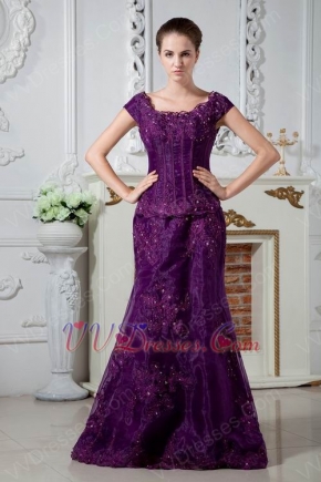 Square Neck Appliques Grape Organza Evening Dress Modest