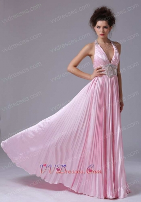 Pink Pleat Wrinkled Fabric Long Prom Gowns Deep V Neck