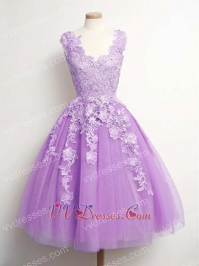 Graceful Lilac Knee Length Homecoming Dress With Appliques Decorated