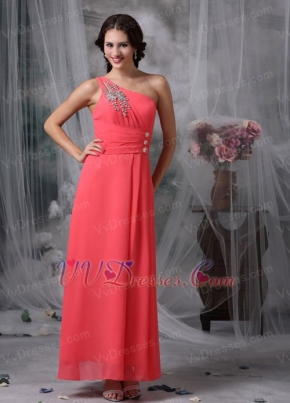 Coral Red Chiffon One Shoulder Skirt Dress For Prom Wear Inexpensive