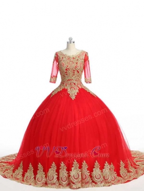 See Through Scoop Half Sleeves Gold Applique Red Mesh Quince Ball Gown Chapel Train