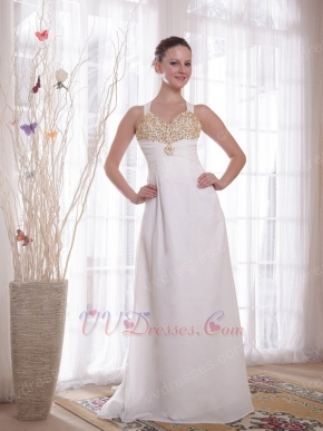 New Style Cross Back White Prom Dress With Golden Pearl