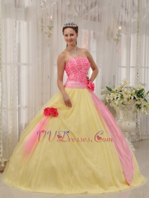 Strapless Daffodil Skirt Quinceanera Dress With Pink Flowers