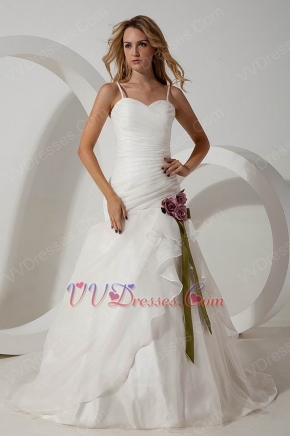 Elegant Spaghetti Straps Ruched Flowers Waist Bridal Wedding Dress