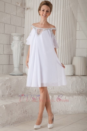 Off Shoulder Knee-length White Chiffon Beaded Maternity Prom Dress