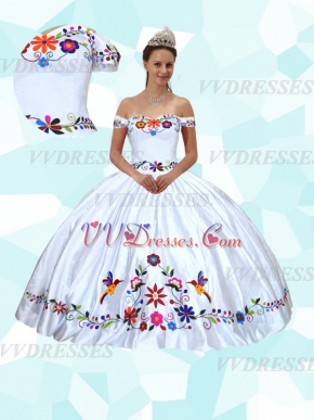 Pretty Off Shoulder Western Mexico Embroidery Birds & Flowers Quinceanera Gowns Thick Satin