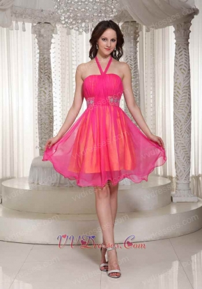 Hot Pink Chiffon Short Halter Prom Gowns Orange Lining Inside Contrast