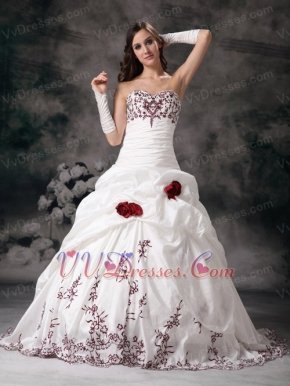 White Sweetheart Bridal Wedding Dress With Wine Red Embroidery Low Price
