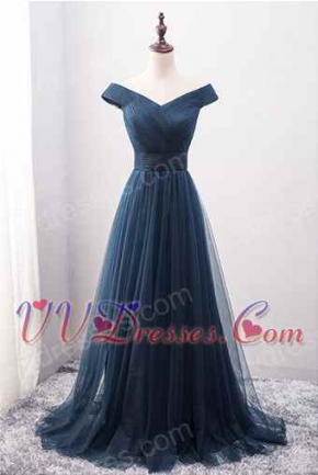Petite Off Shoulder Tulle Ruching Genteel Prom Dress Navy Blue