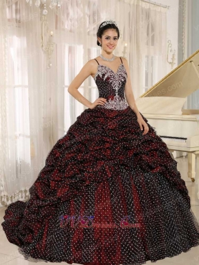 Gracile Straps Bubble Wave Point Burgundy Quinceanera Gowns Train