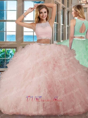 Pink Thick Tulle Ruffles Quinceanera Gown Two Pieces Top and Bottom Show Waist