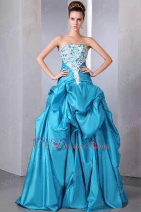 Strapless Appliqued Bodice Blue Skirt Prom Dress Cheap Price