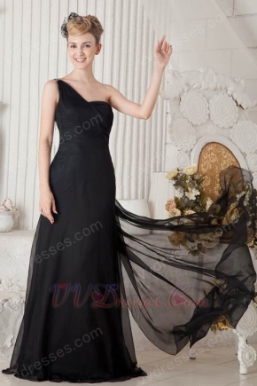 Cheap One Shoulder Floor Length Evening Party Black Dress