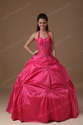 Halter Top Coral Red Puffy Quinceanera Dress Not Expensive