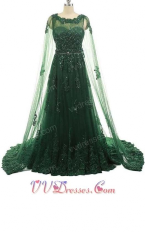 Luxurious Hunter Green Applique Prom Dress Cloak From Shoulder To Floor