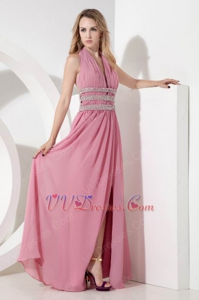 Halter Split Skirt Pink Chiffon Long Prom Dress With Beading