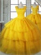 Square Three Layers Organza Beauty and The Beast Theme Cake Quinceanera Ball Gown