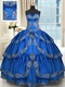 Royal Blue Western Quinceanera Gown Cake Layers Skirt Silver Embroidery Edge