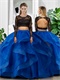 Black Lace Top Royal Blue Elastic Mesh Tape Ribbon Ruffles Bottom Two Pieces Ball Gown