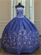 Western Thick Satin Quinceanera Ball Gown Royal Blue With Silver Embroidery