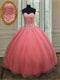 Rose Pink Full Silver Beadwork Basque Quinceanera Gown Dress Clearance Price