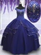 Dark Royal Blue Off Shoulder Quinceanera Gown Slit Open Flat Organza Skirt